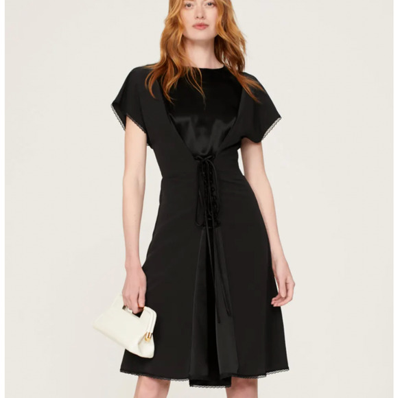 ATLEIN COLLECTIVE Black Lace Up Front Satin Midi Dress Womens XS 0 2 RTR FLAW - Picture 1 of 16